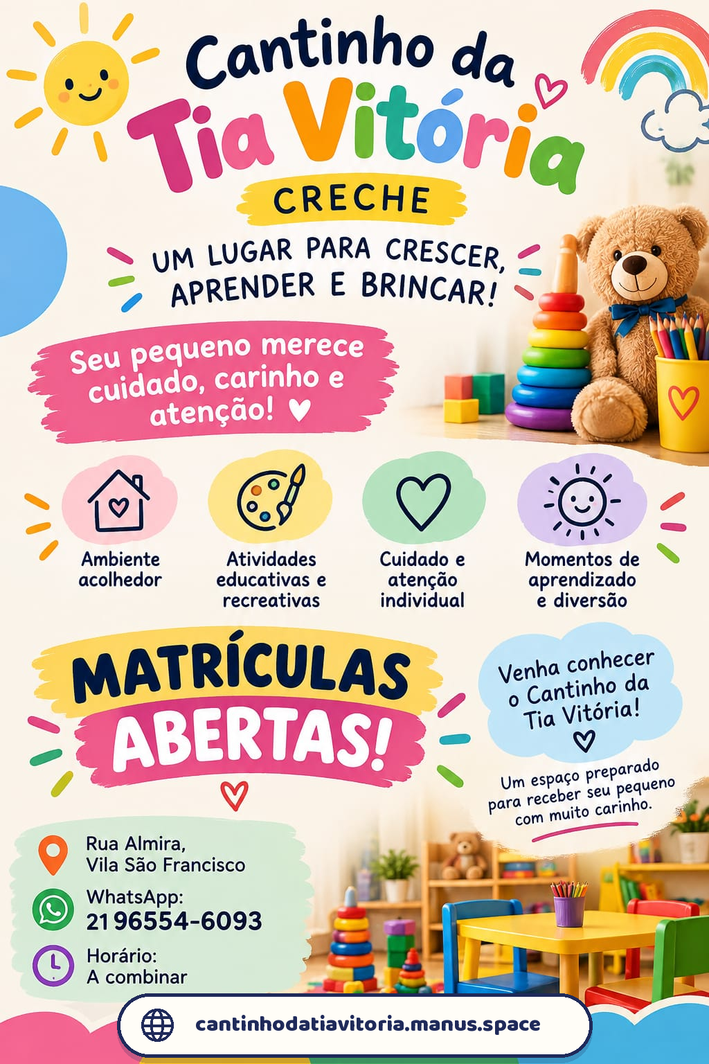 Panfleto da creche Cantinho da Tia Vitória: um lugar para crescer, aprender e brincar, matrículas abertas, Rua Almira, Vila São Francisco, WhatsApp 21 96554-6093